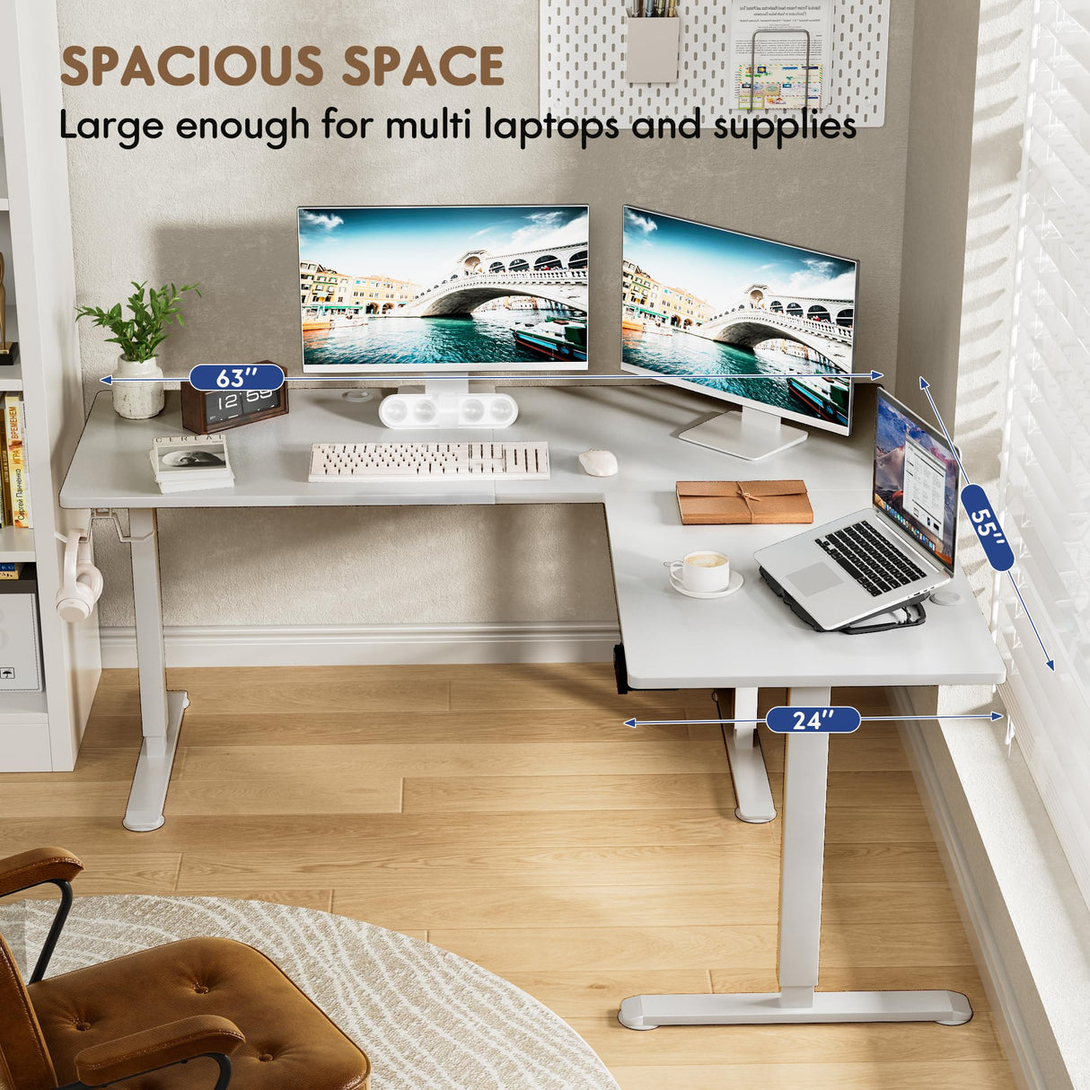 Furmax L Shaped Standing Desk Adjustable 63 x 55 Inch Corner Stand up Desk Electric Standing Computer Workstation with Preset Heights (White) Furmax