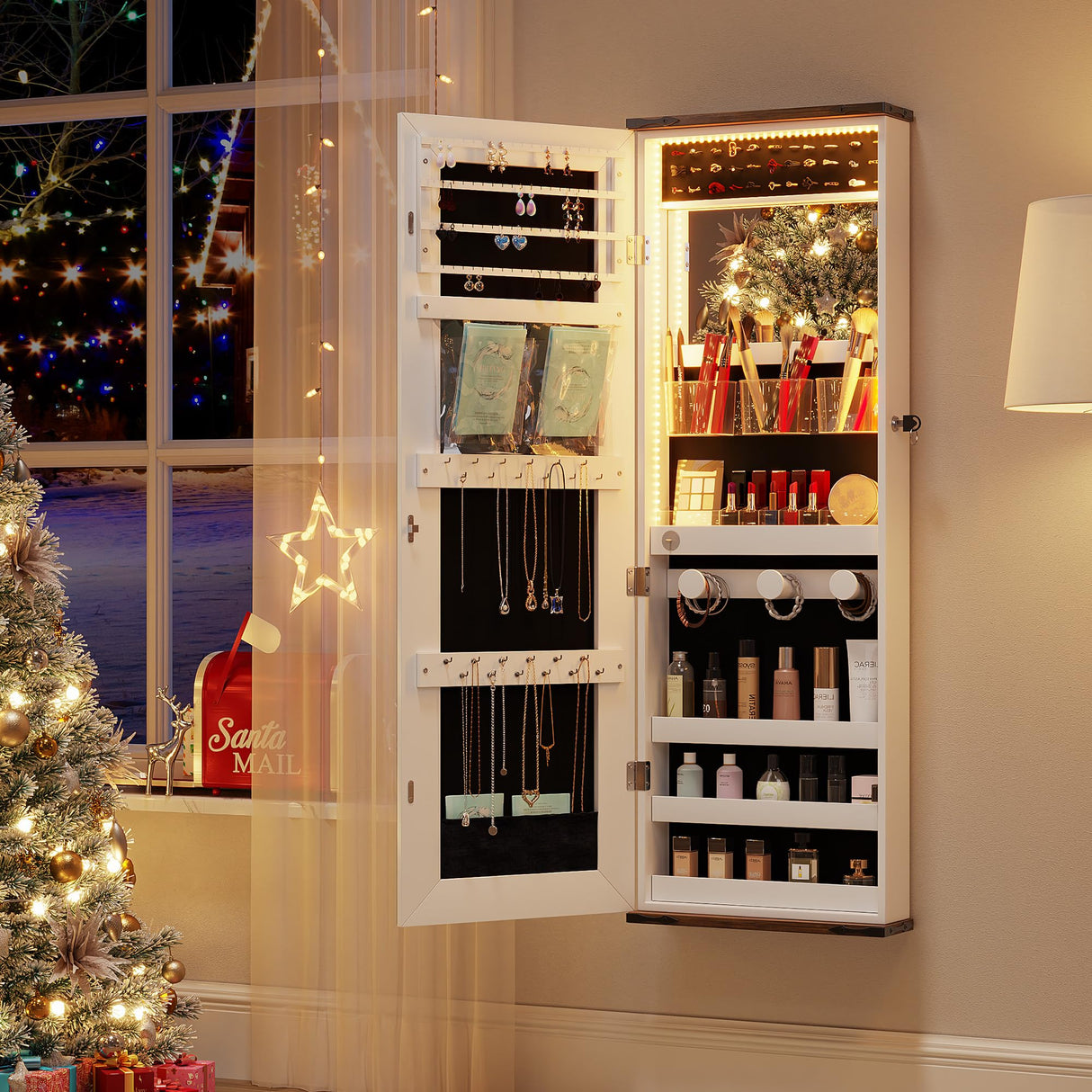 FREDEES Farmhouse Jewelry Organizer,Jewelry Armoire Cabinet with LED Lights Wall or Door Mounted, Full Length Mirror with Storage&Lockable,Interior Mirror,White FREDEES