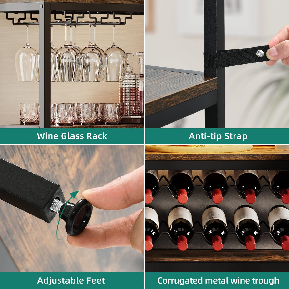 YITAHOME Large Corner Wine Rack, 63'' Corner Bar Cabinet with Power Outlet and LED Light, 5-Tier L Shaped Industrial Liquor Cabinets w/Glass Holder, Open Display Cabinet for Home, Brown YITAHOME