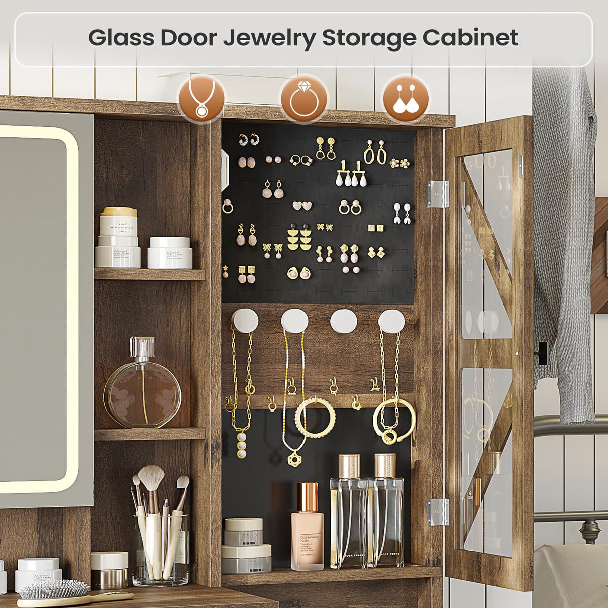 AOGLLATI Farmhouse Vanity Desk with Mirror and Lights, Makeup Vanity Set with Lights & Jewelry Cabinet & 5 Drawers, Vanity Table with Charging Station, Hidden Storage Space for Bedroom, Brown AOGLLATI