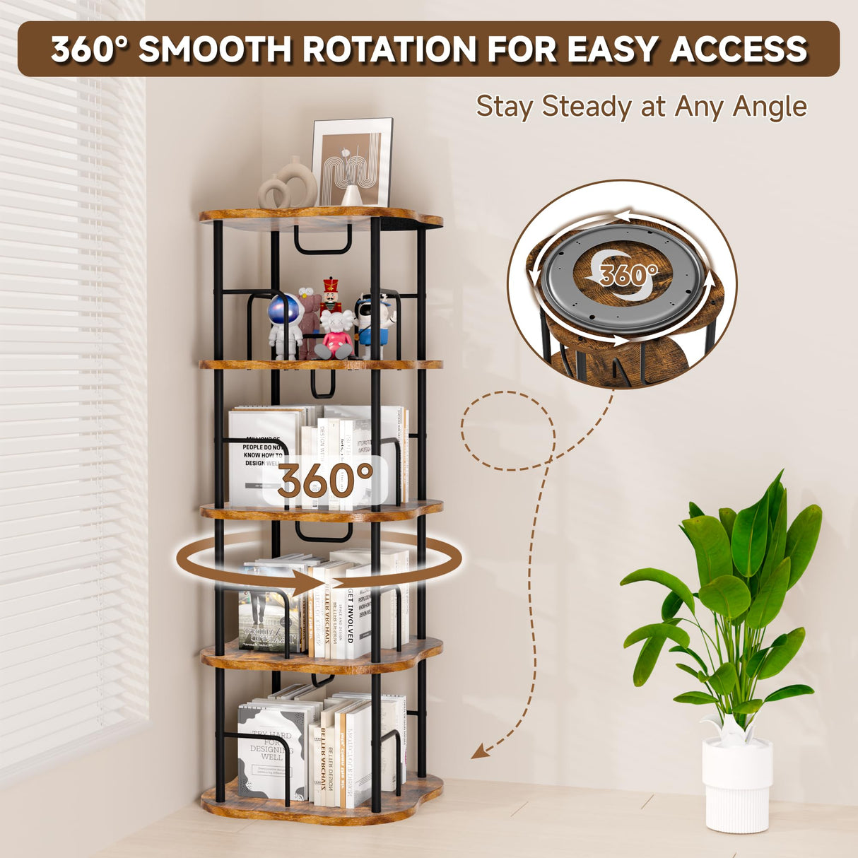 TEROL 4-Tier Rotating Book Shelf, 360° Display Spinning Bookshelf Tower, Book Organizer, Floor Standing Bookcases for Small Space, Corner Book Shelf for Bedroom, Living Room, Study Room (RUSTIC BROWN) TEROL