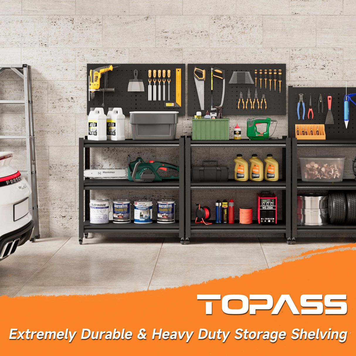 TOPASS WorkBench with Pegboard, Adjustable Heavy Duty Work Table with Wheels, Heavy Duty Workstation, Metal Tool Work Bench for Garage Warehouse Workshop, 48" H x 18" D x 34" W(with Pegboard) Topass