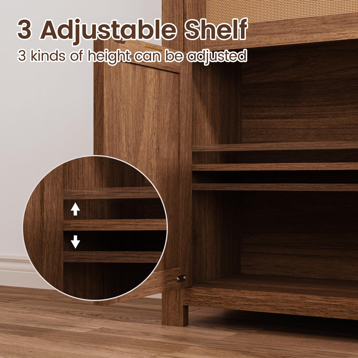 EROMMY 5 Tier Rattan Bookshelf with Drawer, 71" Tall Boho Bookcase, Large Wooden Farmhouse Bookshelf with Doors Storage Cabinet and Display Shelves for Living Room, Bedroom, Home Office, Walnut EROMMY