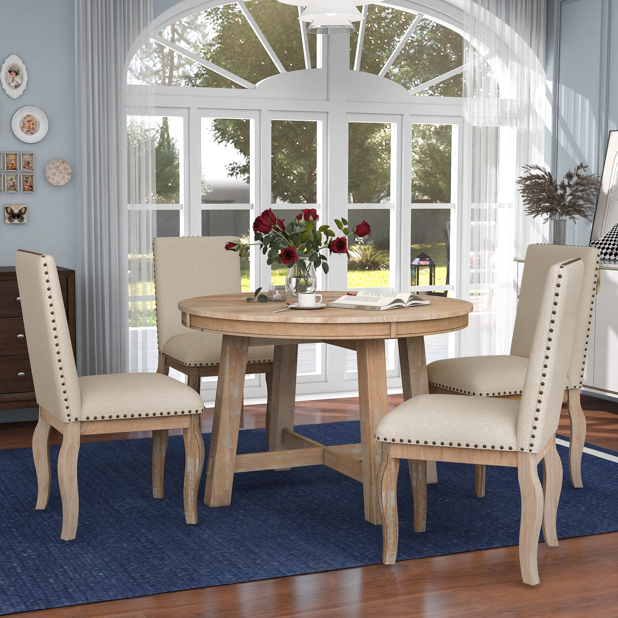 Harper & Bright Designs 5-Piece Farmhouse Dining Table Set Wood Round Extendable Dining Table and 4 Upholstered Dining Chairs (Natural Wood Wash) Harper & Bright Designs