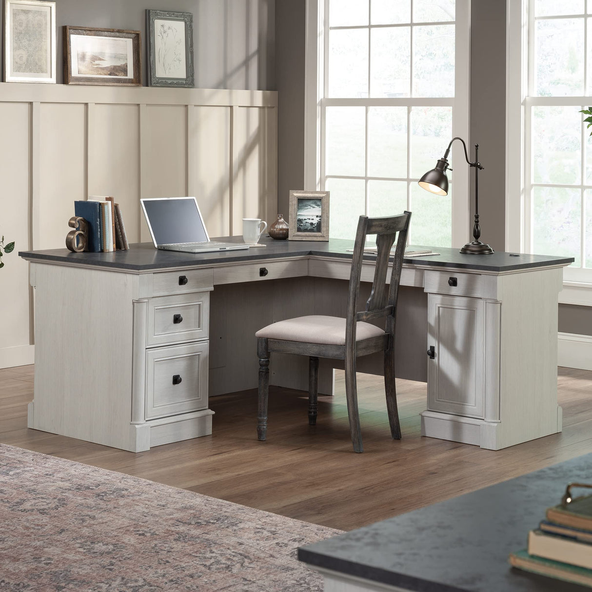 Sauder Palladia L-Shaped Home Office Desk, L: 68.74" x W: 65.12" x H: 29.61", Glacier Oak Finish Sauder
