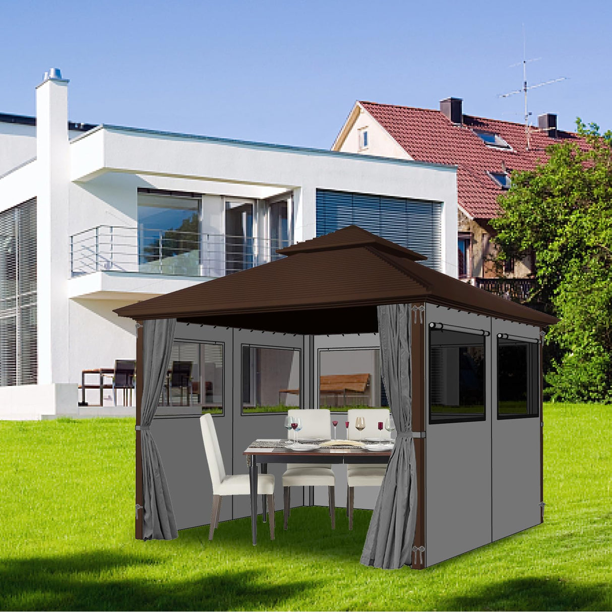 Homegroove Gazebo Universal Replacement Privacy Curtain, 12'x12' Gazebo Curtains Outdoor Waterproof, 4-Panels Sidewall Curtains with Zipper and Mesh Windows for Backyard, Garden, Yard homegroove