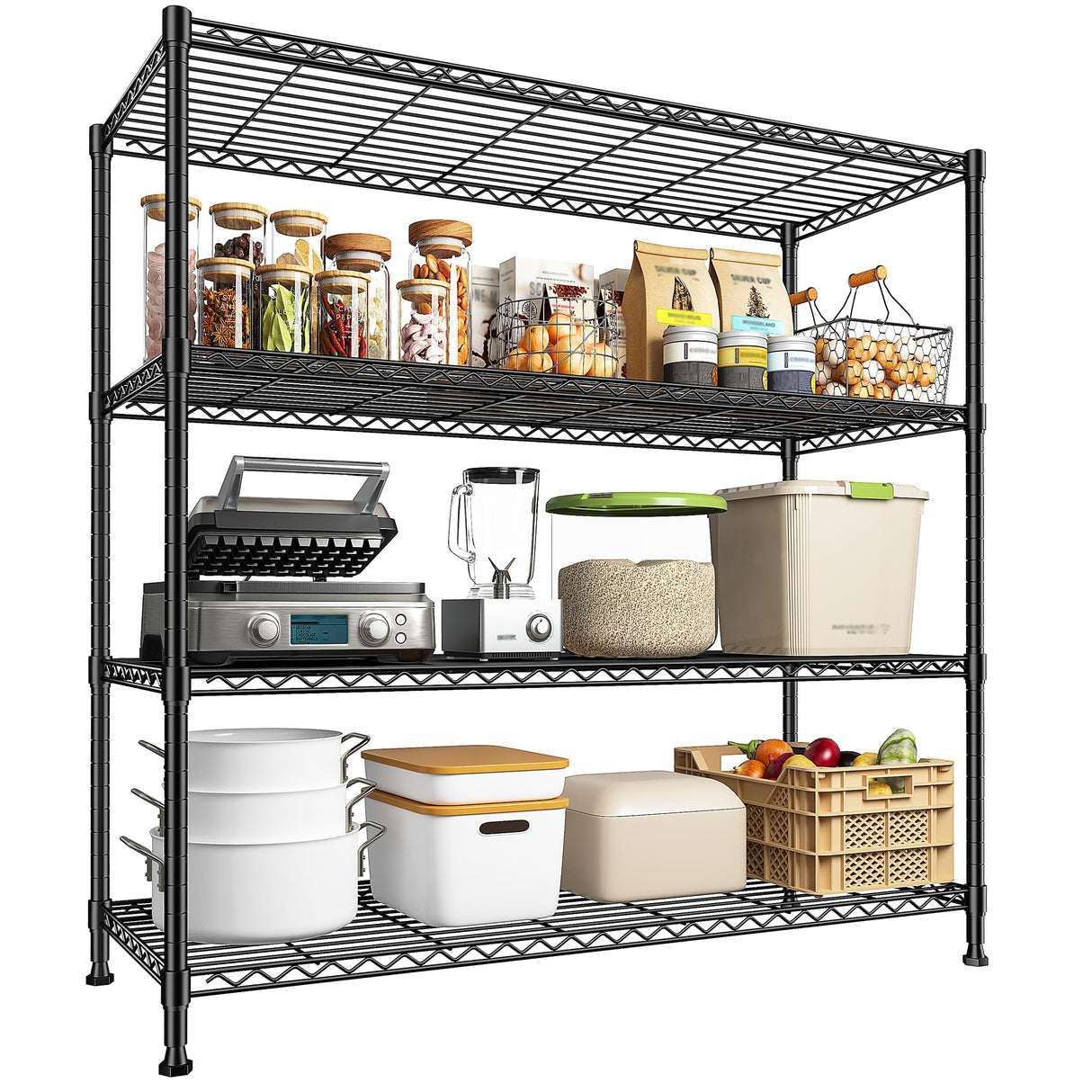 45 "W Metal Shelving Unit 4 Tier Storage Shelves Adjustable Wire Shelving Metal Shelf Pantry Shelves Wire Rack Commercial Shelving for Kitchen Pantry Utility Room Garage 45 "W x 59.4 "Hx 13.5" D Black DurayLoly