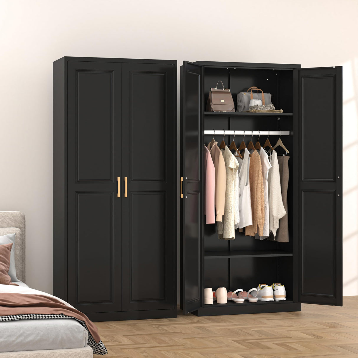TIMELESS PIECES Metal Wardrobe Cabinets,Black Armoire Wardrobe Closet with Hanging Rod,Clothes Storage Cabinet with Adjustable Shelves and Doors,Clothing Cabinet for Bedroom, Office, Laundry Room TIMELESS PIECES