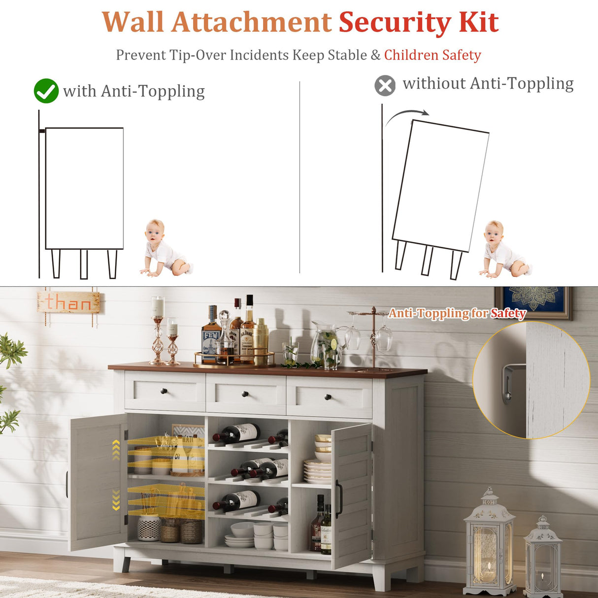 IDEALHOUSE 53.5'' Farmhouse Buffet Cabinet with Storage, 36'' Tall Wood Rustic Sideboard with 3 Drawer, Reversible Wine Rack and Adjustable Shelf, Coffee Bar for Dining Room, Kitchen, White IDEALHOUSE