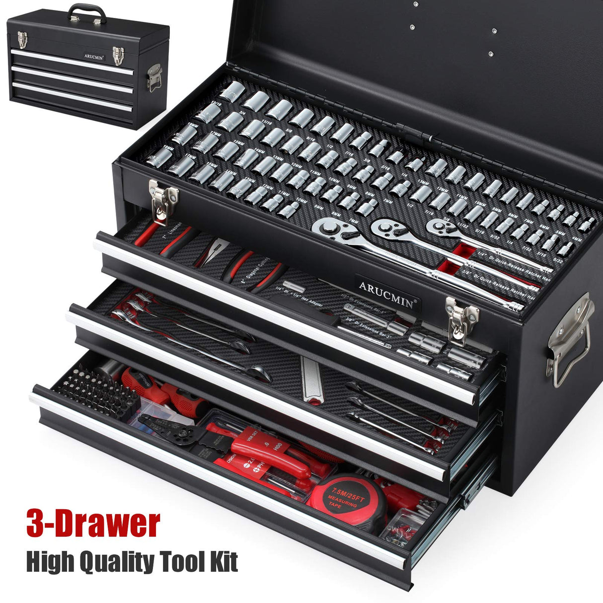 ARUCMIN 438-Piece Mechanics Tool Set with 3-Drawer Heavy Duty Metal Box Repair Tool Kit ARUCMIN