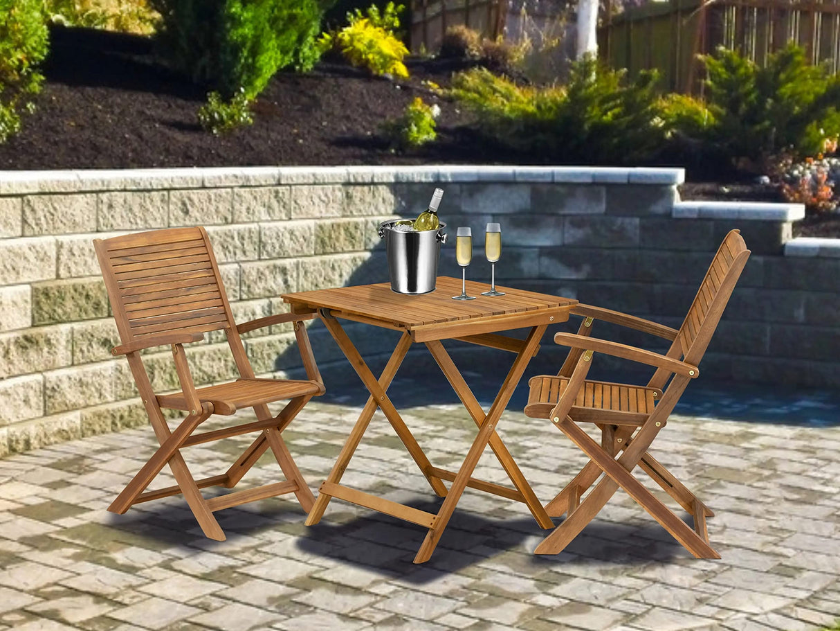 East West Furniture SEHD3CANA Selma 3 Piece Patio Bistro Set Contains a Square Outdoor Acacia Wood Coffee Table and 2 Folding Arm Chairs, 26x26 Inch, Natural Oil East West Furniture