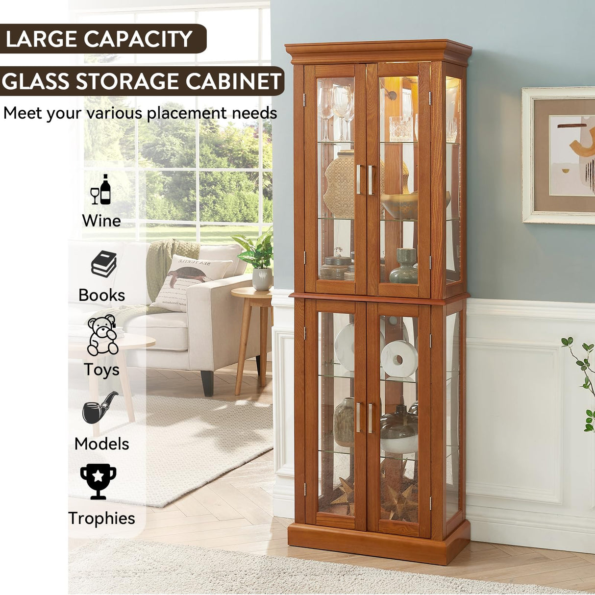 Mcltopz Lighted Curio Cabinet with Tempered Glass Doors, 6 Tiers Curio Diapaly Cabinet with Adjustable Shelves and Mirrored Back Panel, Floor Standing Glass Display Cabinet for Home No Bulb (Oak) Mcltopz