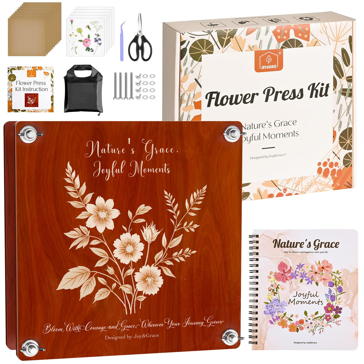 Joy&Grace Large Flower Press Kit for Adults & Kids with Designed Cover and DIY Album, 10.9" x 10.9" 10 Layers Plant Press and Plant Drying Toolkit, Flower Preservation Kit (Color Box, Mahogany Color) Joy&Grace