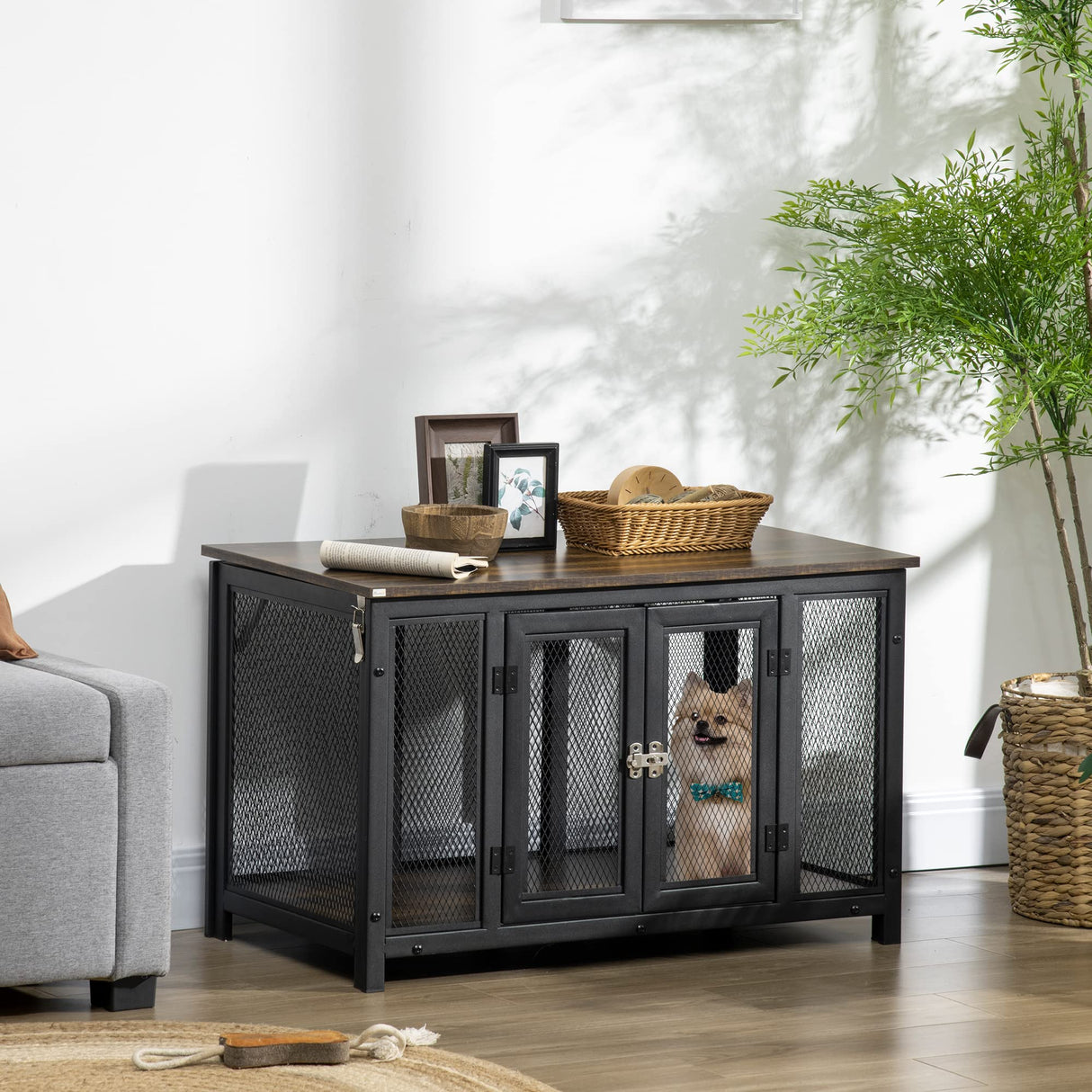 PawHut Furniture Style Dog Crate with Openable Top, Big Dog Crate End Table, Puppy Crate for Small Dogs Indoor, Spacious Interior, Pet Kennel, Brown, Black PawHut