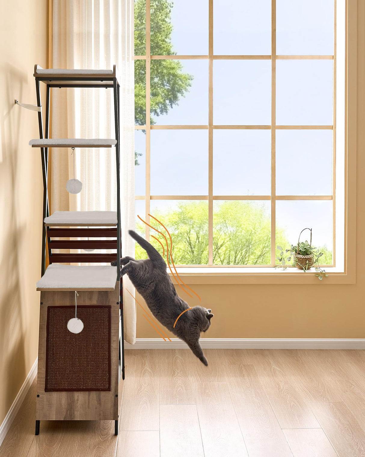 FourFurPets 72.4" Cat Tree, Modern Cat Tower for Indoor Cats, Multi-Level Cat Condo with Caves, Tall Cat Tree with Cat Scratching Board, Wooden Cat Tower with Large Perch, Removable Pads, Camel Brown FourFurPets