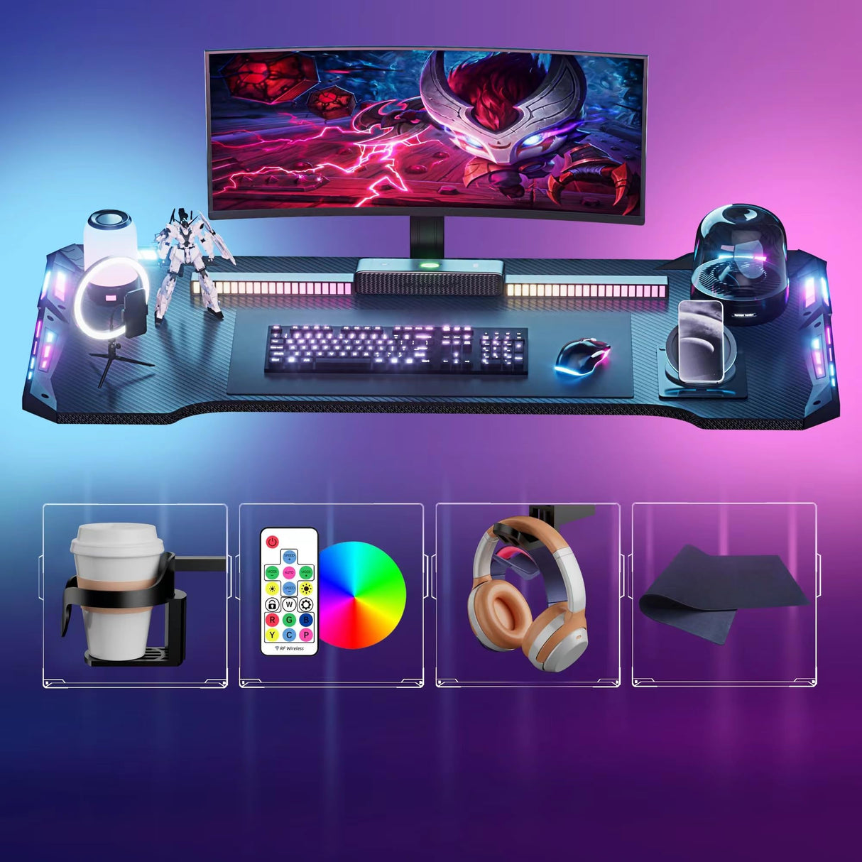 Gamtimer Gaming Desk with LED Lights,63 inch Carbon Fiber Surface RGB Gaming Computer Table, 384 Color Mode with Remote Control, Cup Holder and Headphone Hook - Black Gamtimer