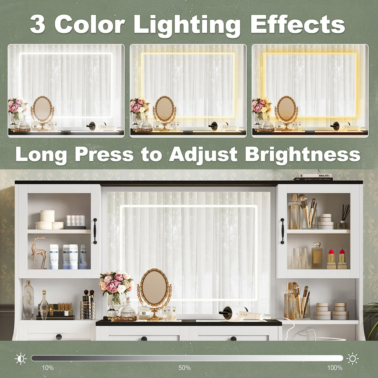 Merax Vanity Desk with Mirror, LED Lights and Power Outlet, Large Glass Top Makeup Vanity Table with 5 Drawers & 4 Cabinets, Farmhouse Dressing Table and Cushioned Storage Stool, for Bedroom, White Merax