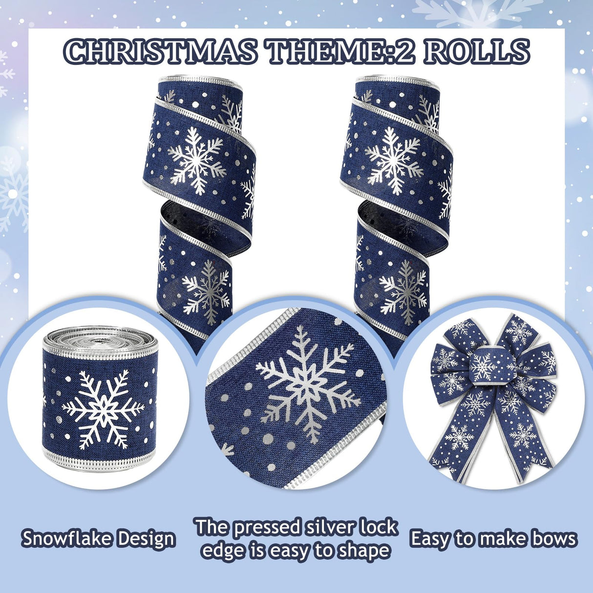 Whaline Christmas Ribbons 20 Yards Blue Silver Snowflake Wired Edge Ribbon Winter Fabric Craft Ribbon for Xmas Wreath Bow Making DIY Crafts Wrapping Supplies, 2 Rolls Whaline