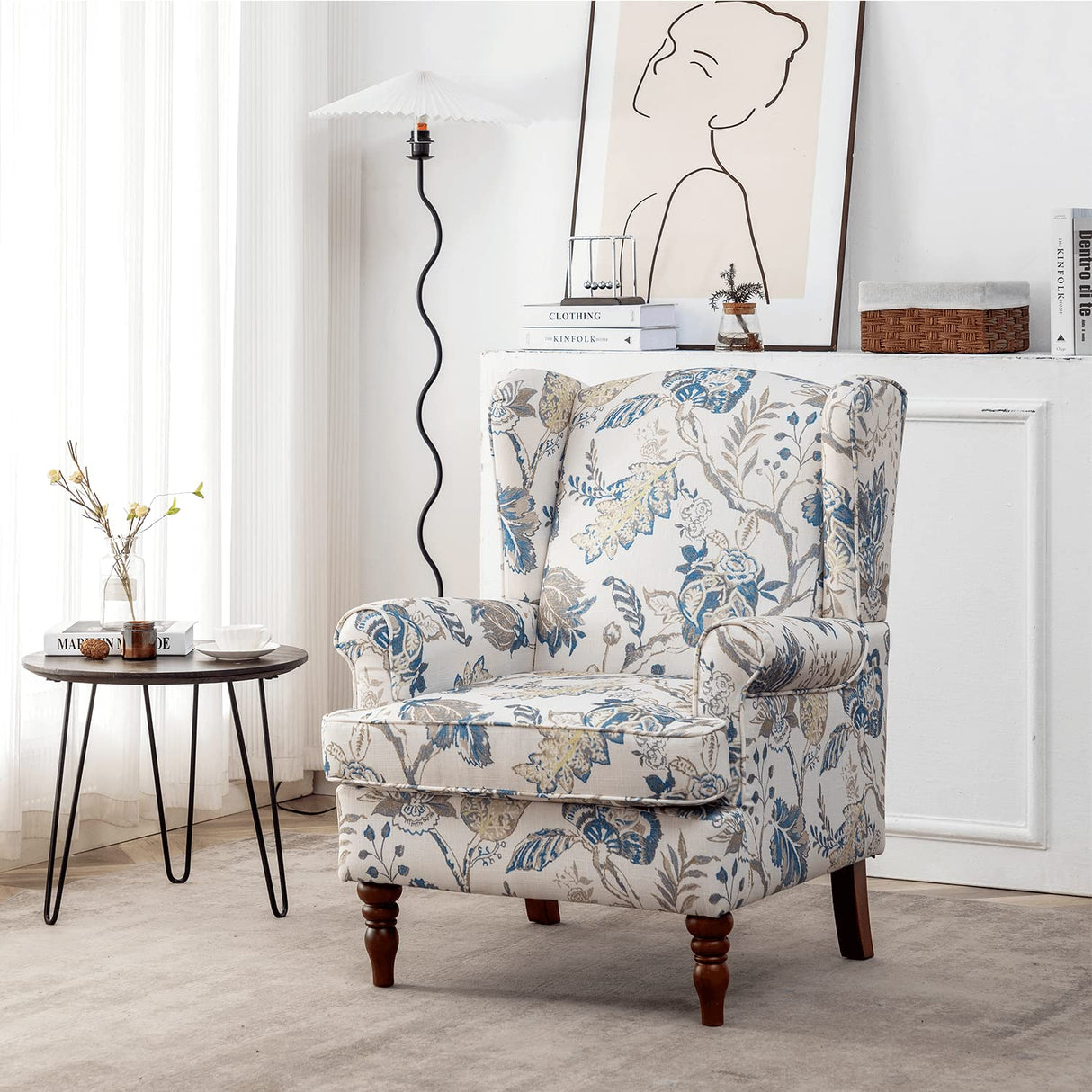 MELLCOM Floral Accent Chair, High Back Upholstered Armchair with Solid Legs, Leisure Single Sofa Chair for Living Room, Bedroom, Home Office, Blue Floral MELLCOM