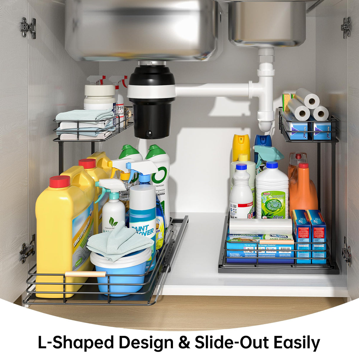 LAMU Under Sink Organizers and Storage, 2 Tier Bathroom Kitchen Cabinet Organizers, Pull Out Under Sink Storage Kitchen Shelf Organizer for Under Counter Storage LAMU
