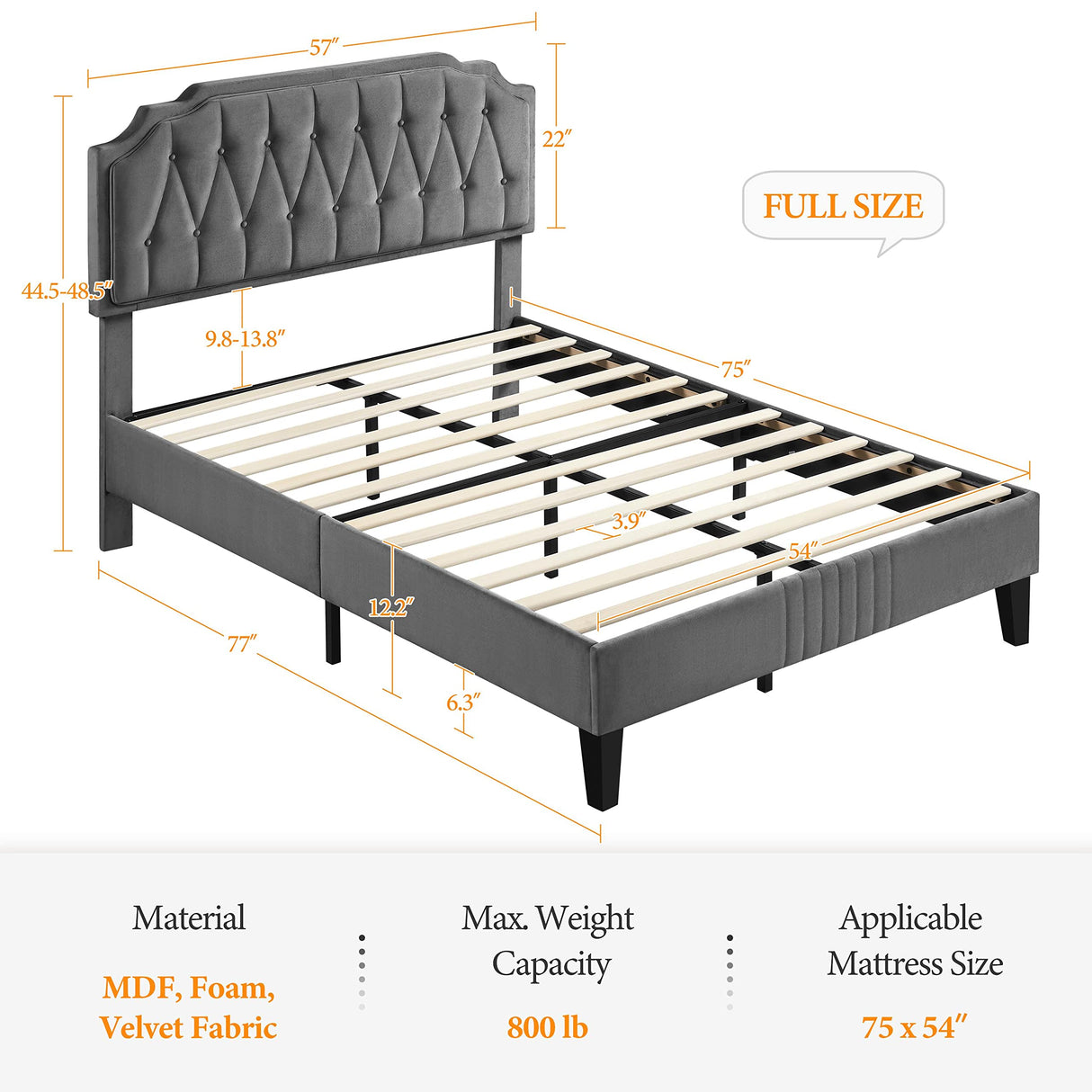 Yaheetech Full Bed Frame Velvet Upholstered Platform Bed with Curved Headboard, Height-Adjustable Headboard/Noise-Free/Wooden Slats Support/No Box Spring Needed/Easy Assembly, Dark Gray Full Bed Yaheetech