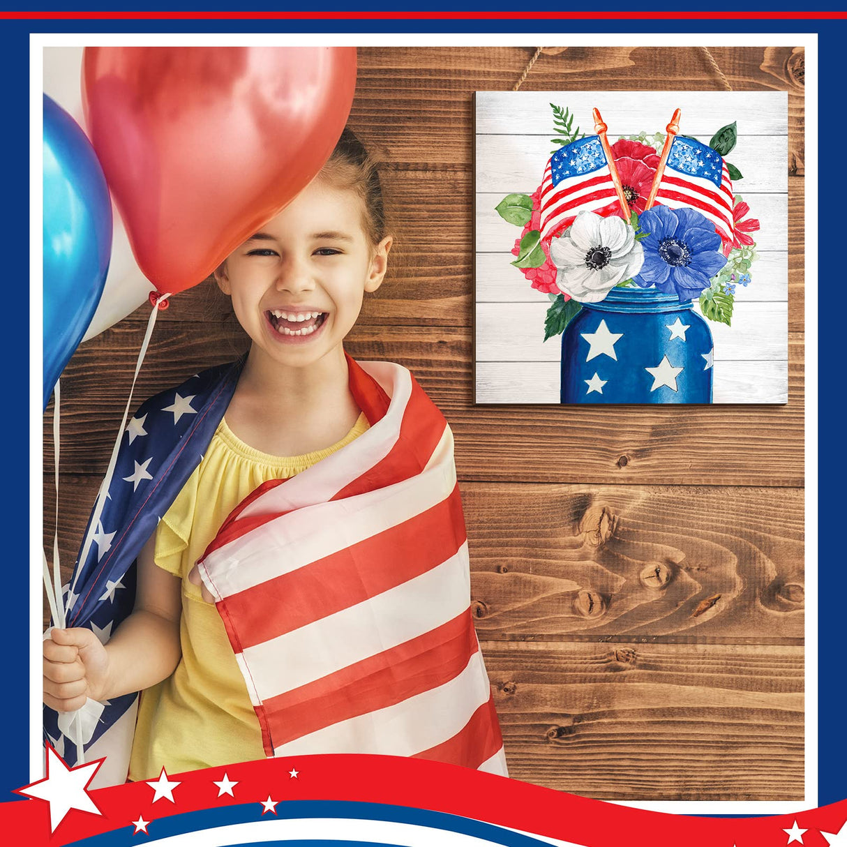 4 Pcs 4th of July Sign Rustic Wood Decor Farmhouse Patriotic Decor America Wall Hanging Plaque Red Blue White Wooden Wall Decor for Home Front Door Kitchen Office School, 7.87 x 7.87 Inch Purpeak