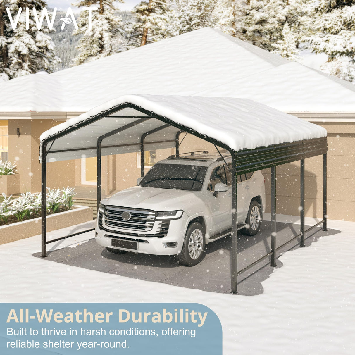 VIWAT Carport 10x15 FT Metal Carport with Enhanced Base Outdoor Heavy Duty Garage Galvanized Car Shelter for Pickup, Boat, Car and Tractors VIWAT