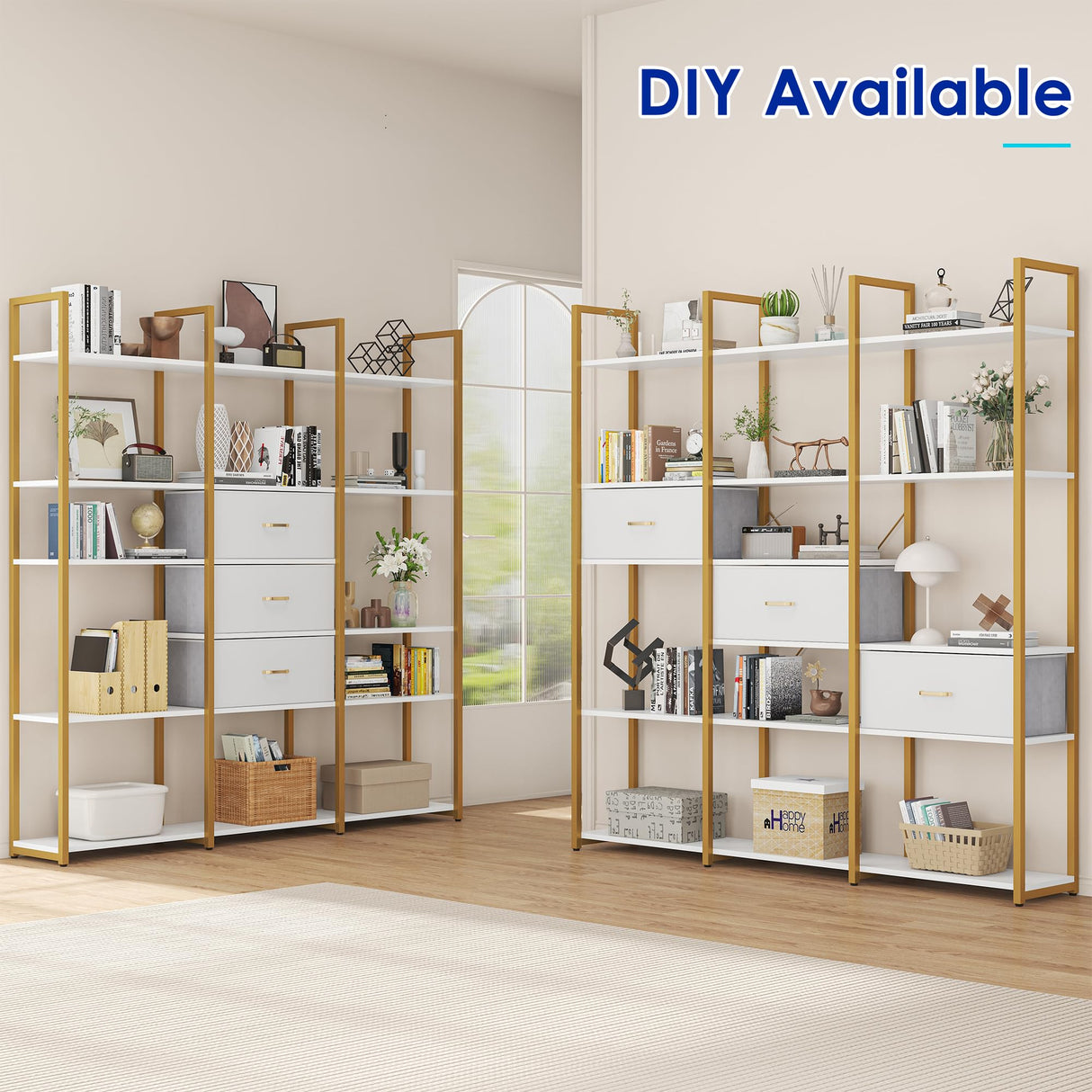 Nosepen 73.6" Tall Bookshelf with 3 Drawers and 16 Storage Shelves, Industrial Bookcase with 16 Open Display Shelves, Large Etagere Bookshelf, Triple Wide Book Shelf Book Case for Home & Office, Gold Nosepen