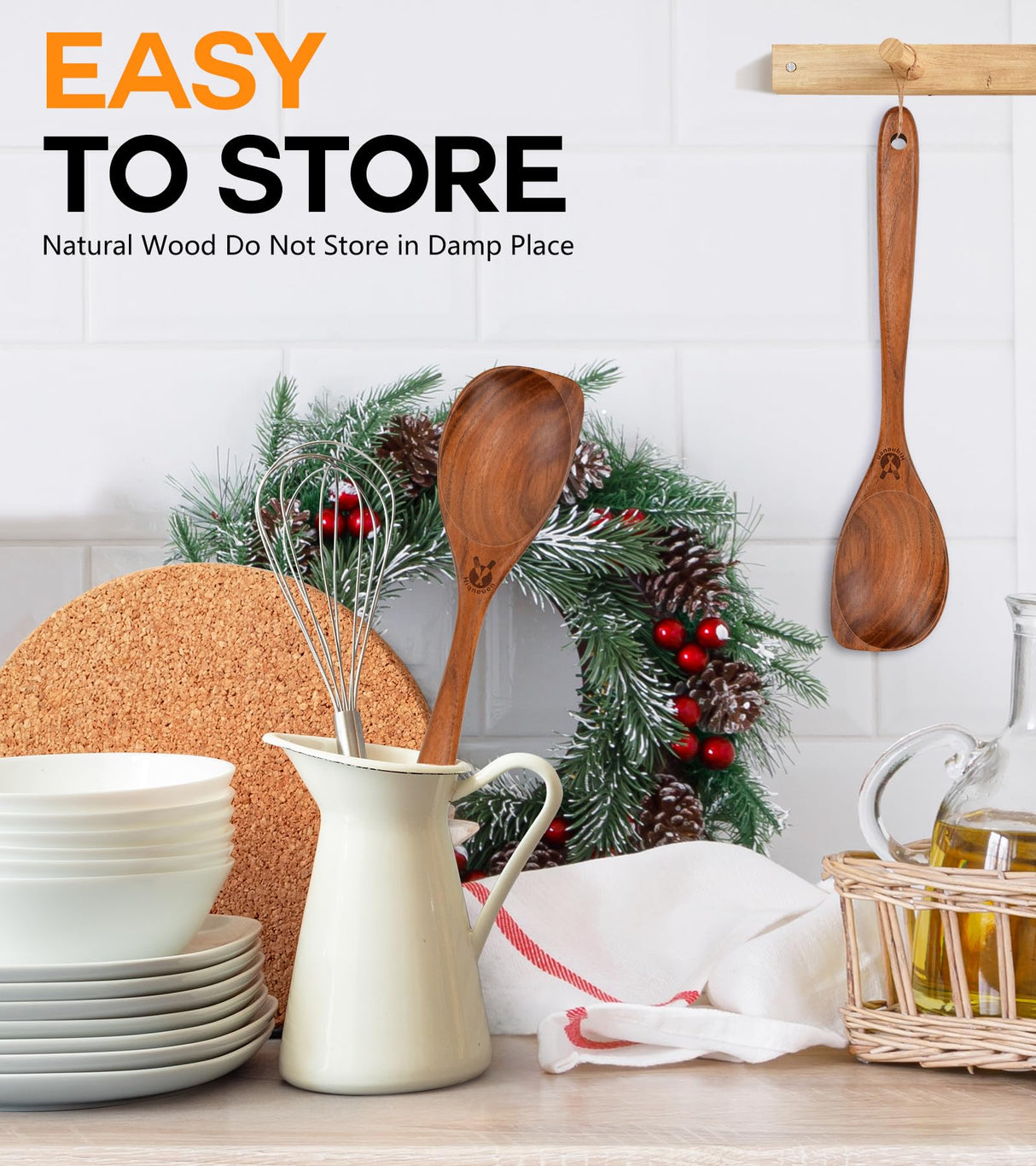 Wooden Spoons for Cooking, Natural Premium Teak Wood Corner Spoon, Good Grip Large Wooden Spoons and Wooden Spatula, Heat Resistant Wooden Cooking Utensils for Nonstick Cookware Cooking Gifts ICSTI