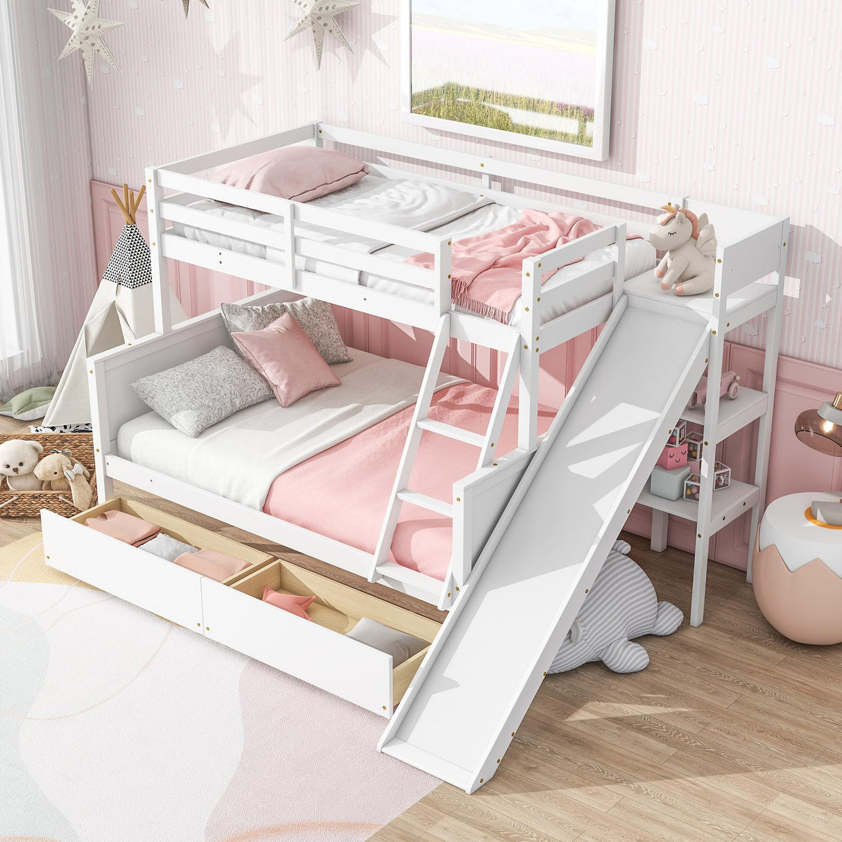 Bellemave Bunk beds Twin Over Full Size Slide and Stair, bunk Bed with Storage, Twin Over Full bunk beds for Kids, Floor bunk Bed, Low bunk Bed for Kids,White Bellemave