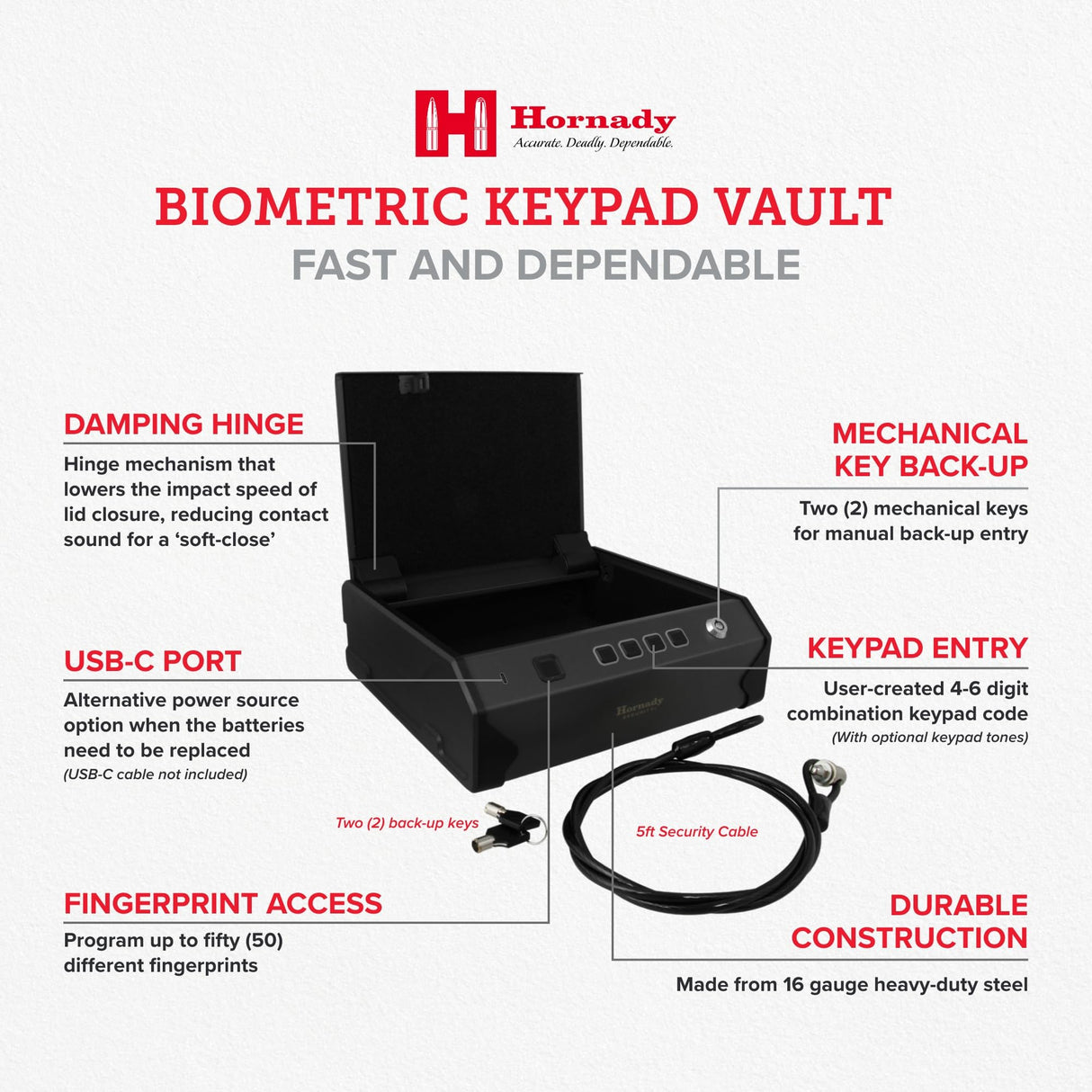 Hornady Biometric Keypad Vault (97536) - Fingerprint Gun Safe, Secure Your Pistol and Valuables, Quick Access - Digital Keypad Access and Backup Key - Ideal for Home and Nightstand Hornady