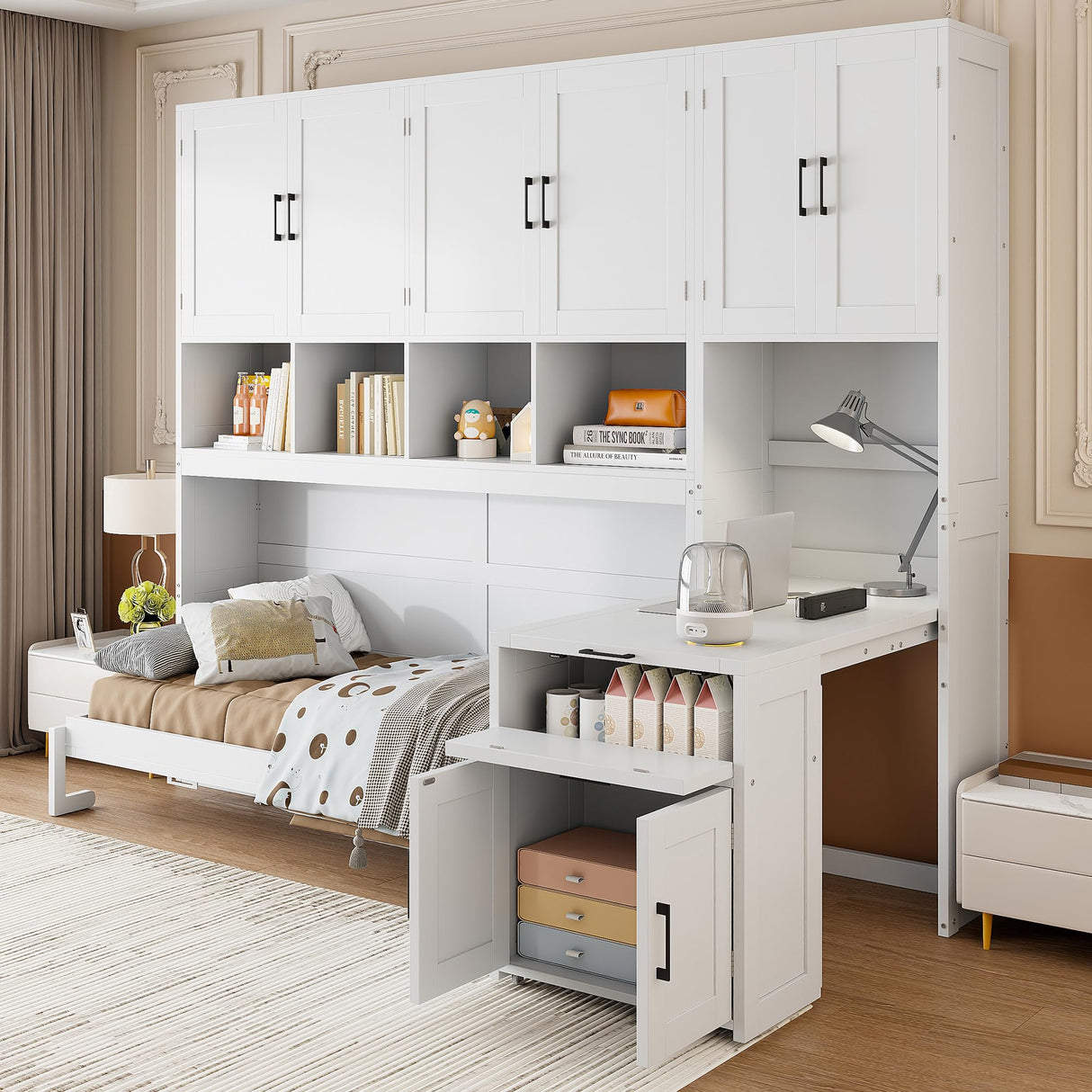 Harper & Bright Designs Twin Size Murphy Bed, Wooden Twin Wall Bed Frame with Closet, Drawers & Desk, White Harper & Bright Designs