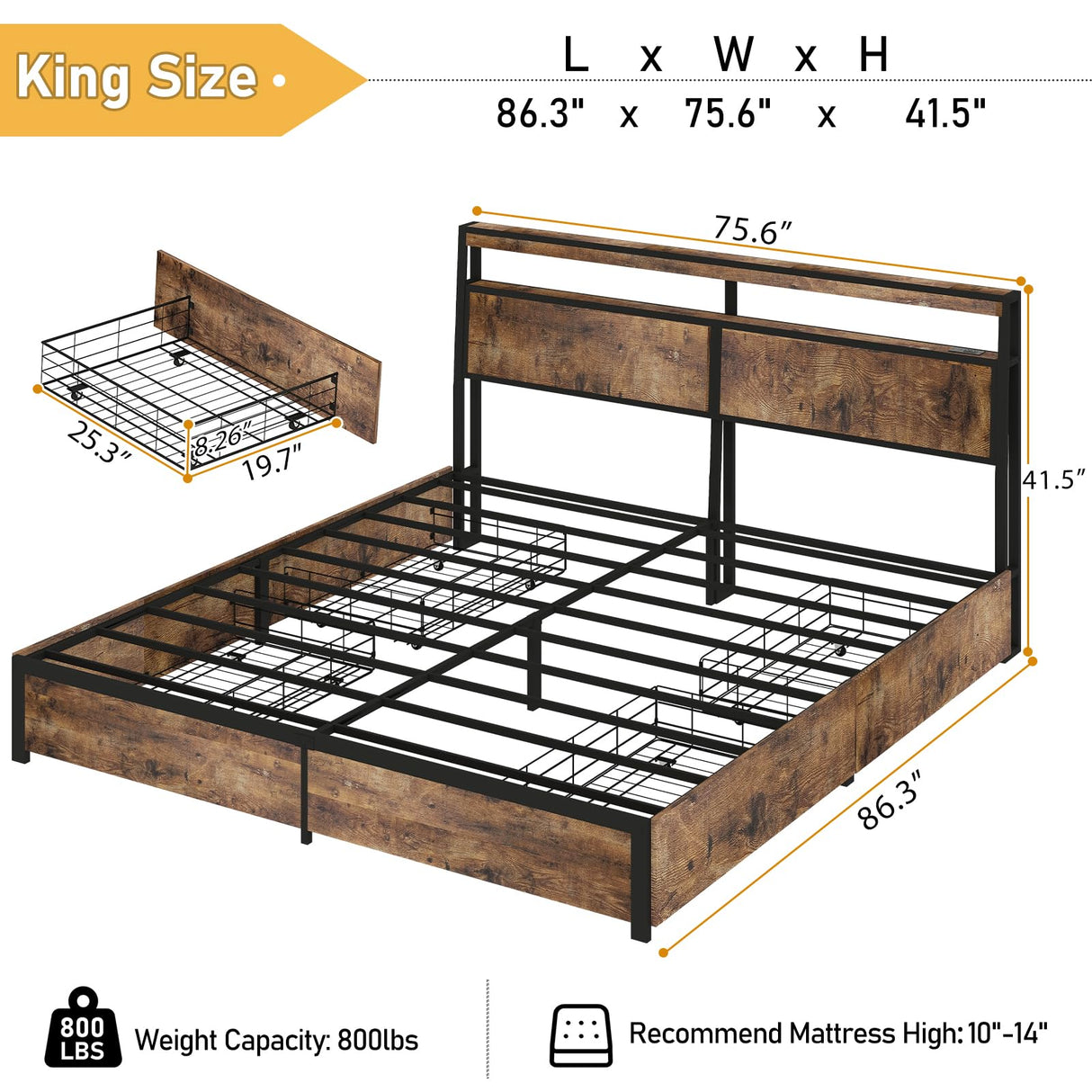 SADENICEL King Bed Frame with Storage Headboard and 4 Drawers, Metal Platform Bed Frame with LED Light, Charging Station, No Box Spring Needed, Noise Free, Easy Assembly, Vintage Brown SADENICEL
