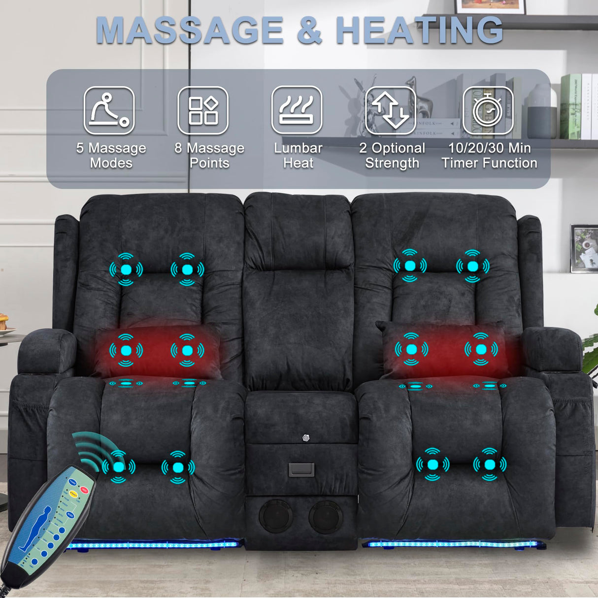 URRED Loveseat Recliner Sofa with Massage and Heat, Power Reclining Loveseat Sofa RV Couch with Console, Home Theater Seating with LED Lights, Bluetooth Speakers, USB, Outlets, Velvet, Dark Grey URRED
