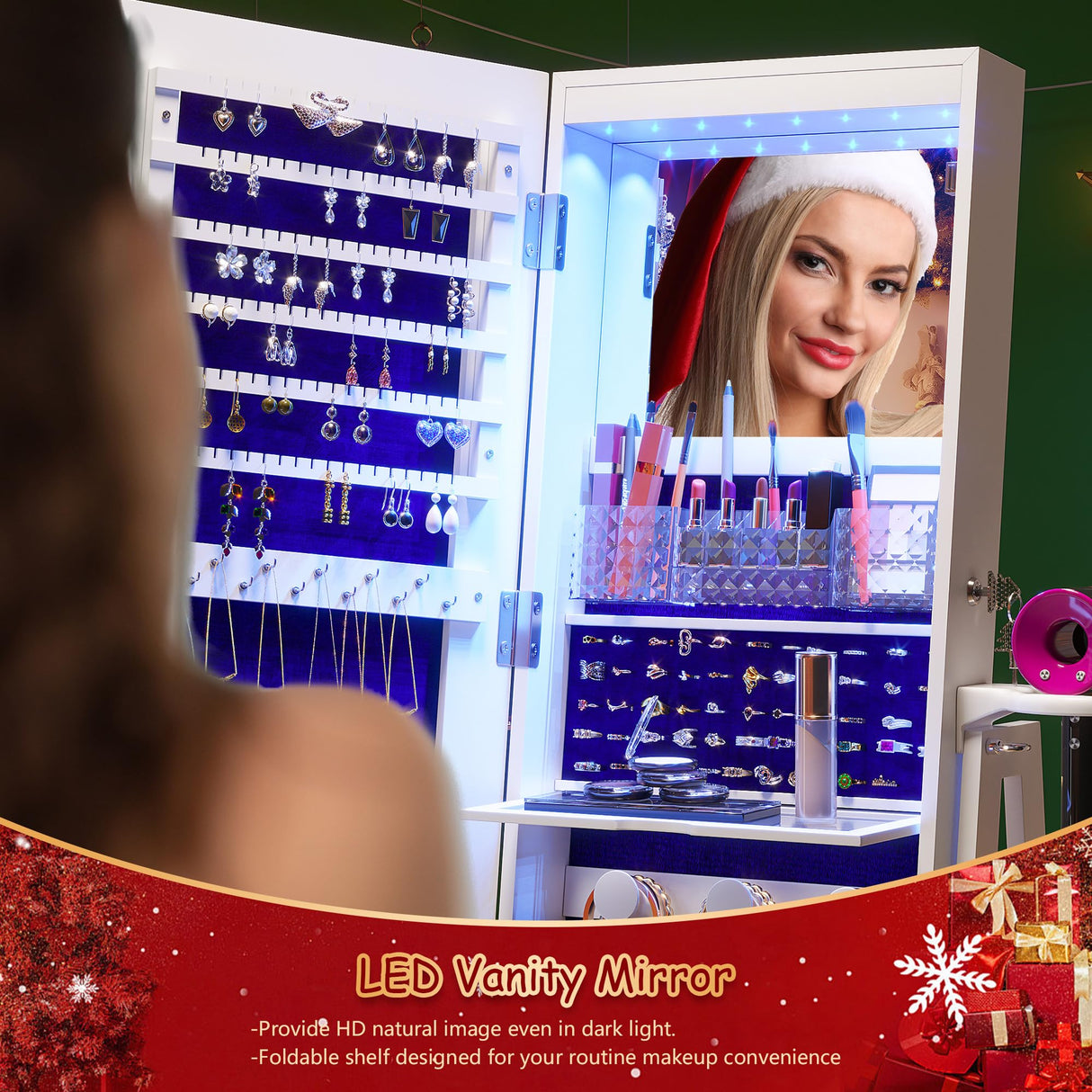 HWB Full-Length Mirror with Jewelry Storage: 360° Swivel Standing Jewelry Cabinet with Lights - Rotatable Standing Jewelry Armoire Organizer with Foldable Makeup Shelf White HWB