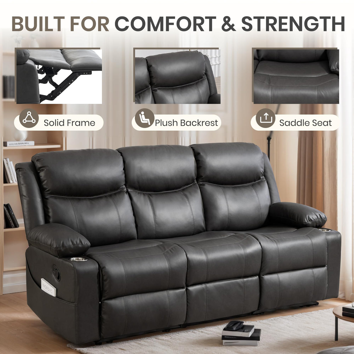 CALIVIA Manual Reclining 3-Seater Sofa with Heat & Massage, PU Leather Recliner Couch for Living Room, Faux Leather Upholstery, Deep Cushions & Sturdy Frame (Grey) CALIVIA