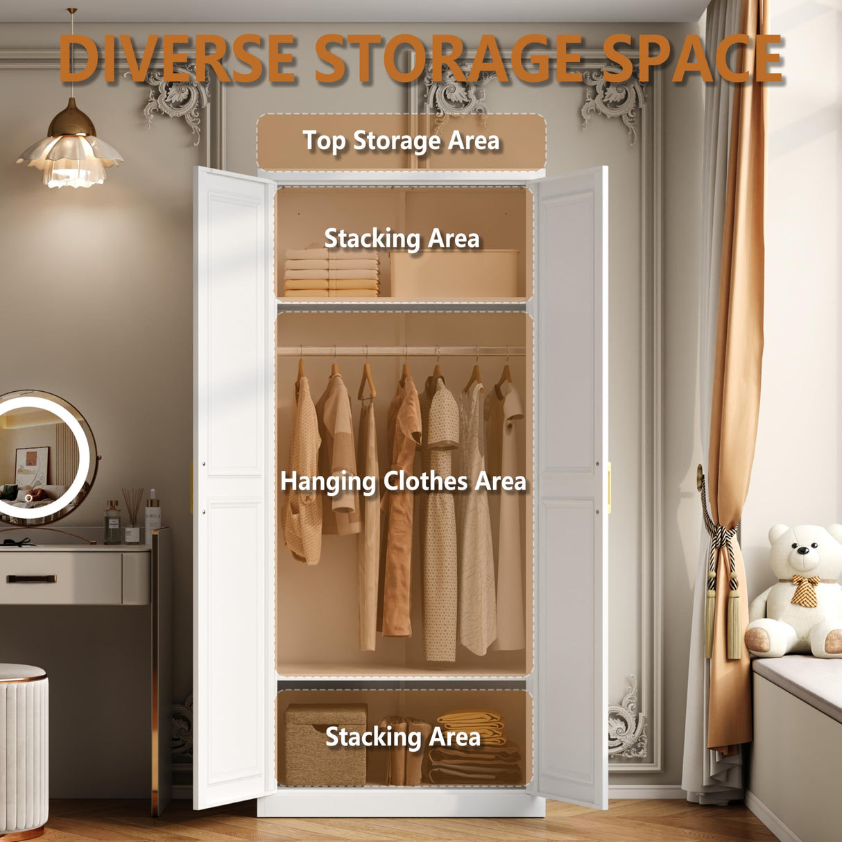 Polup Metal Armoire Wardrobe Closet with Doors and Shelves, 71" Tall Freestanding Wardrobe Cabinet for Hanging Clothes, Large Closet with Hanging Rod for Bedroom, White, Assemble Required Polup