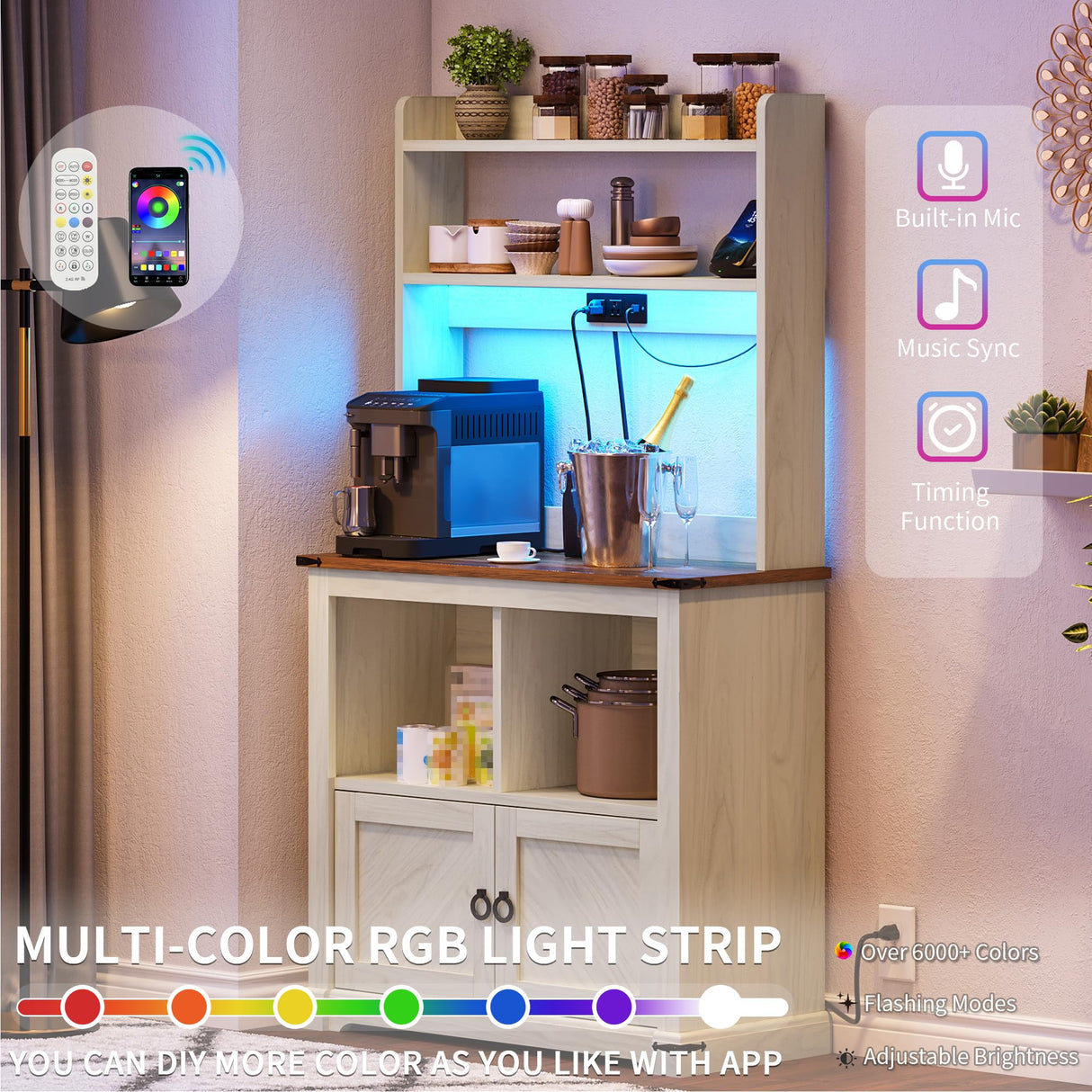 YITAHOME Bakers Rack Cabinet, Microwave Stand with Power Outlet & RGB LED Lights, Farmhouse Coffee Bar Station with Storage, 5-Tier Kitchen Pantry Hutch for Dining Living Room,White Walnut Grain YITAHOME