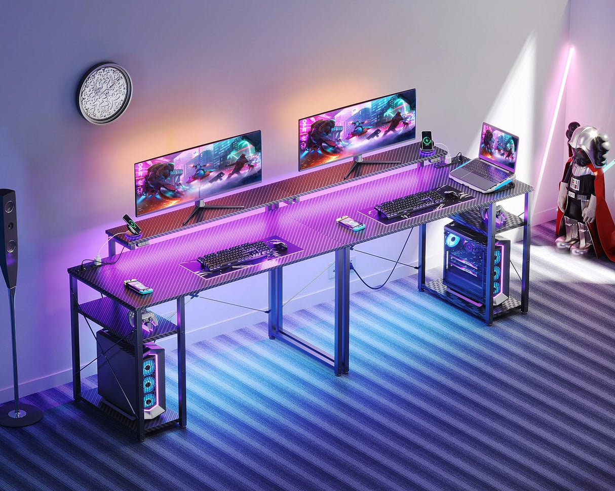 MOTPK Gaming Desk with Led Lights & Power Outlet, 40 Inch Small Gaming Computer Desk with Shelves, Reversible Gamer Desk Table with Adjustable Monitor Stand & Headphone Hook, Carbon Fiber Texture MOTPK