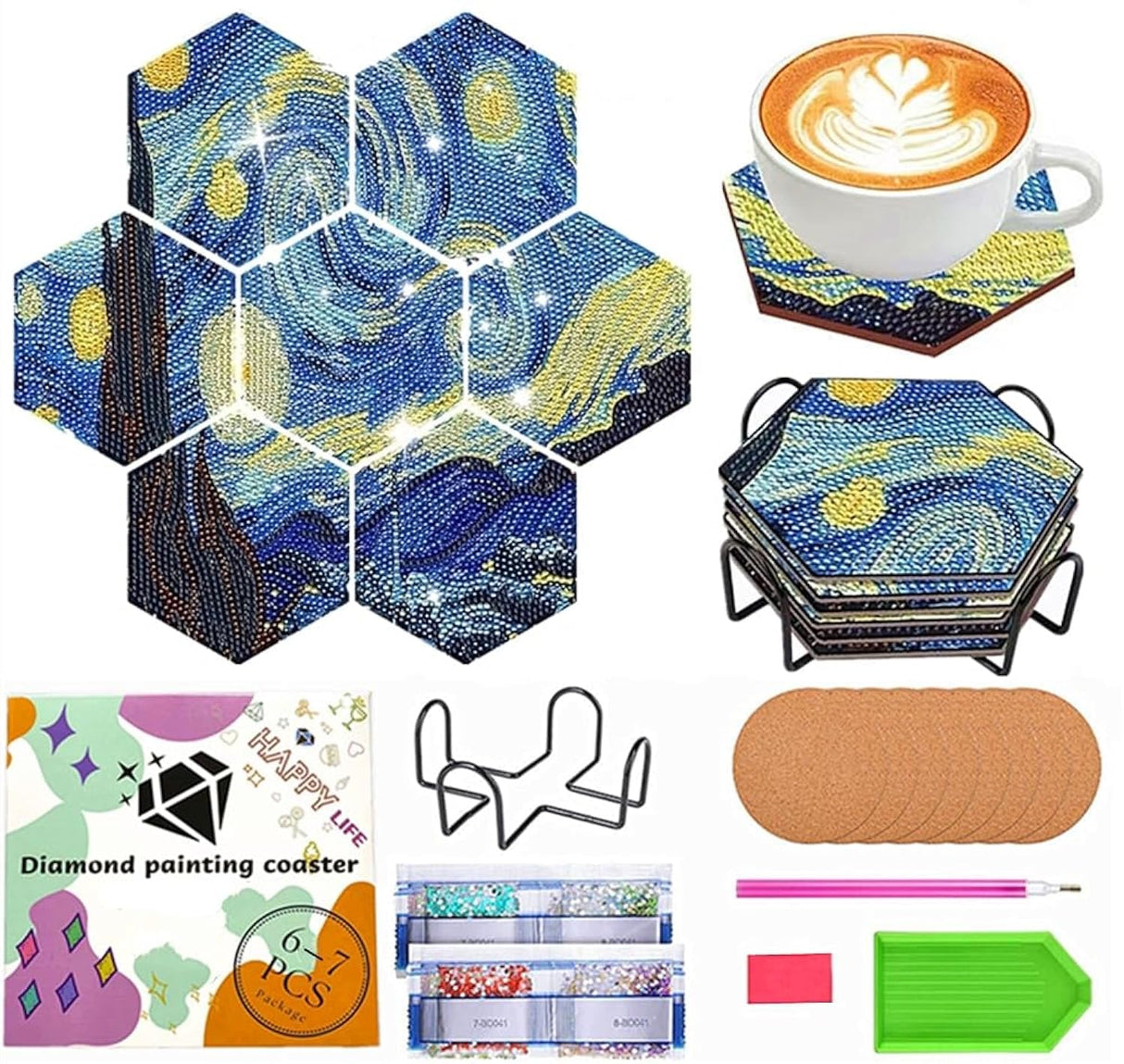 Diamond Art Coasters Van Gogh Starry Night, 7 PCS Diamond Art Hexagonal Coasters with Holder, Small Diamond Painting Kits for Adults Beginners NUFTVI