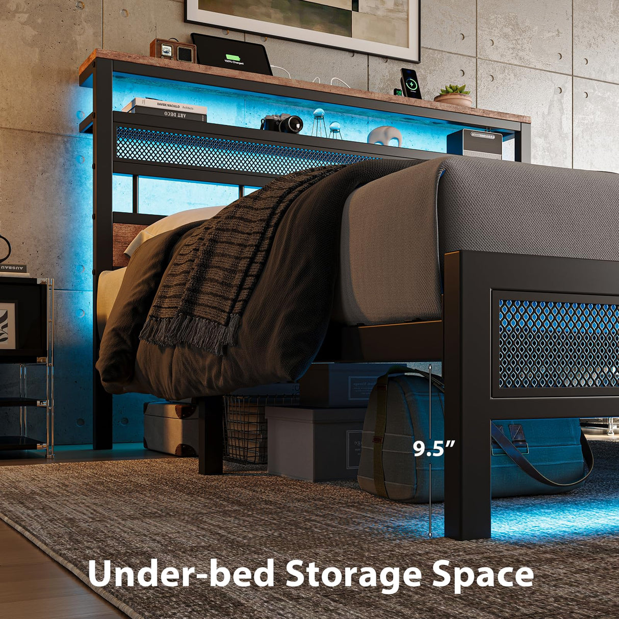 ZENBEDING Led Bed Frame Queen Size, Metal Platform Bed Frame with 2-Tier Storage Headboard, Mesh Queen Bedframe with Charging Station, Easy Assembly and No Box Spring Needed (Rustic Brown) ZENBEDING