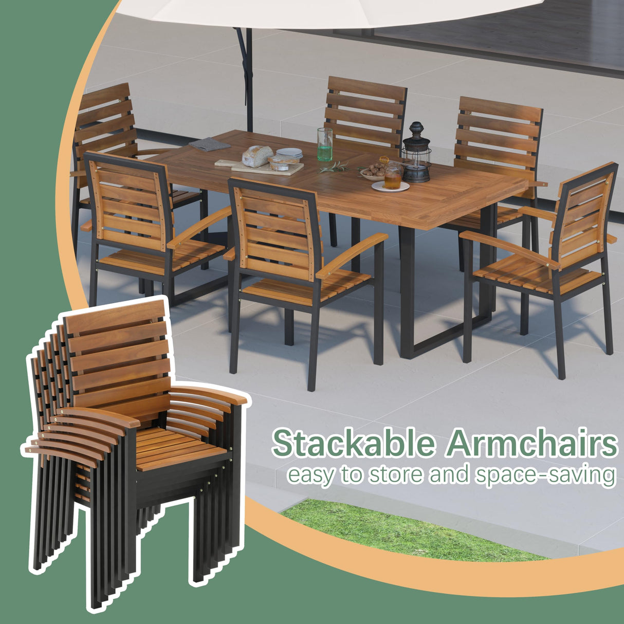 WiberWi 7 Piece Outdoor Dining Set for 6, Acacia Wood 59.1" Patio Table and Chairs Set with Metal Frame, Patio Dining Furniture Set for Garden, Balcony, Backyard, Poolside, Brown & Black WiberWi