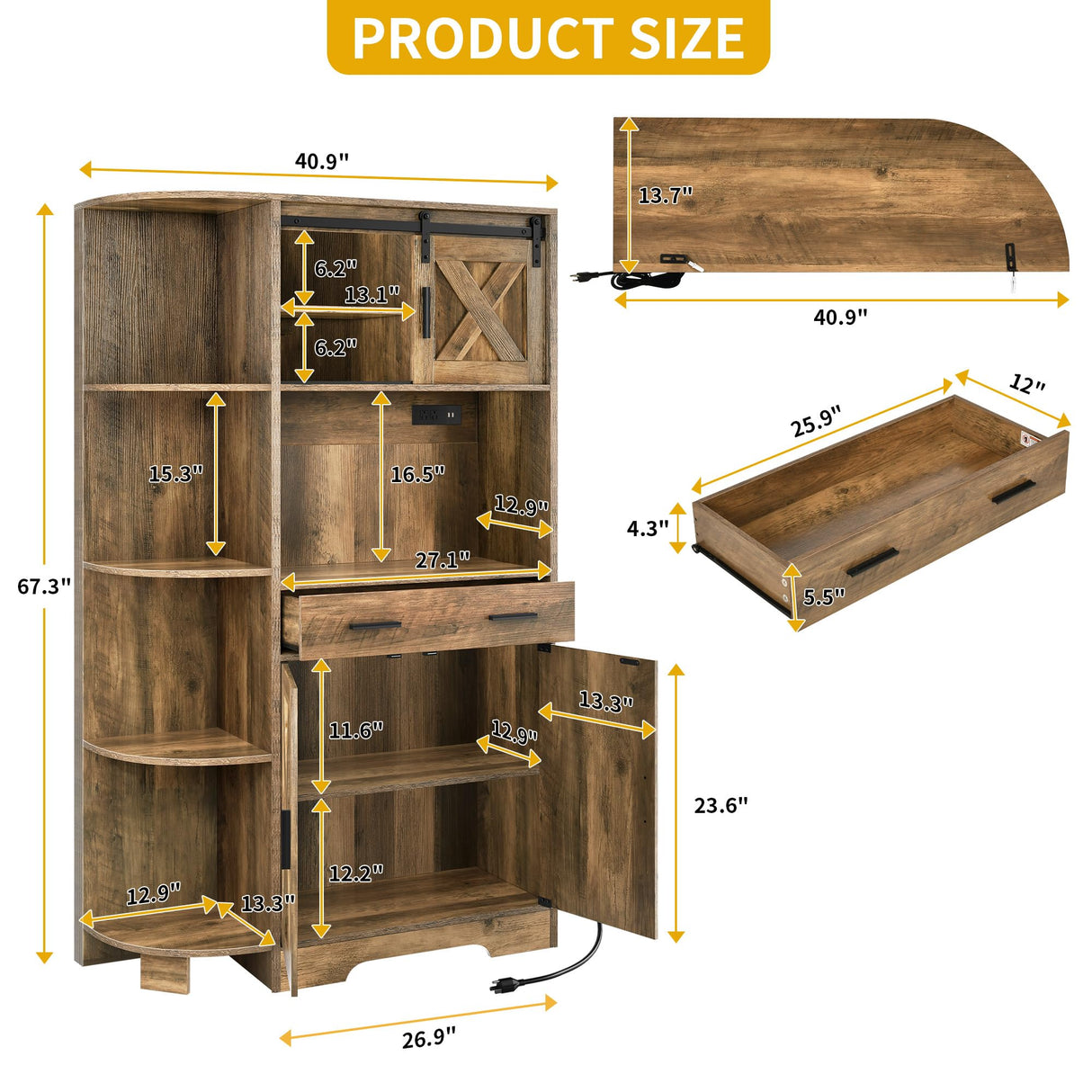 DWVO 67.3" Farmhouse Kitchen Pantry, Storage Cabinet Baker Rack with Power Outlet, Freestanding Hutch with Barn Door & Drawer, Buffet Sideboard with Microwave Stand for Dining Room, Rustic Brown DWVO