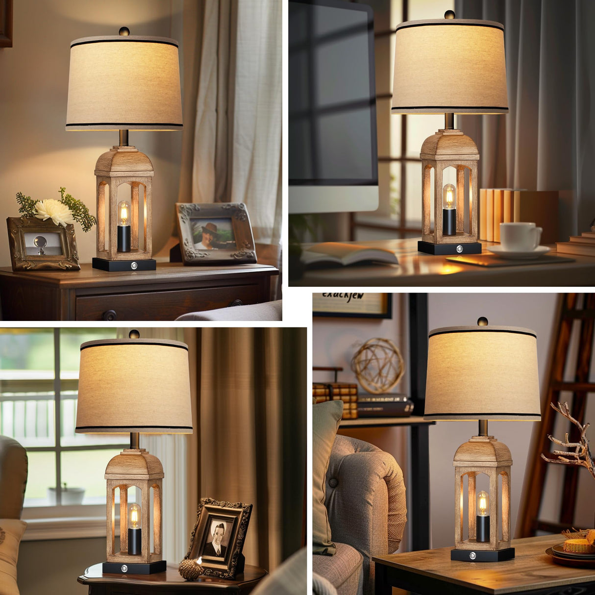 QiMH Table Lamp for Living Room, Farmhouse Lamps Set of 2 with USB A+C and Nightlight, 26" Rustic Bedside Lamps with 3-Way Dimmable Touch Control, Nightstand Lamp for Bedroom Decor, Wood Grain QiMH