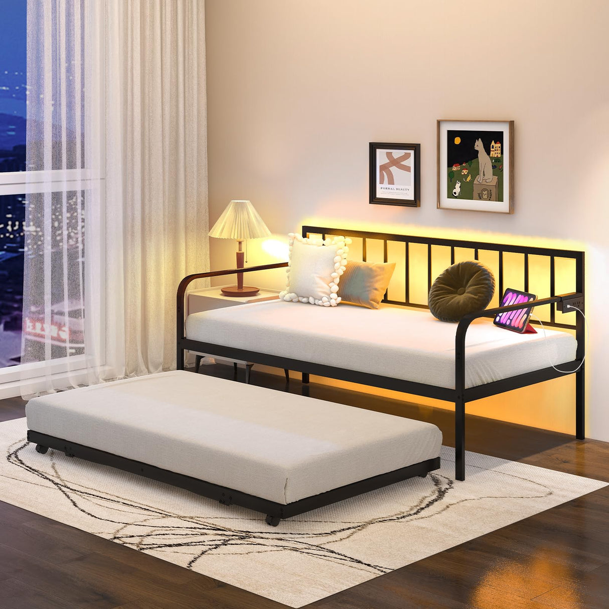 Giantex Black Twin Daybed with Pop-Up Trundle, Charging Station & LED Lights Giantex