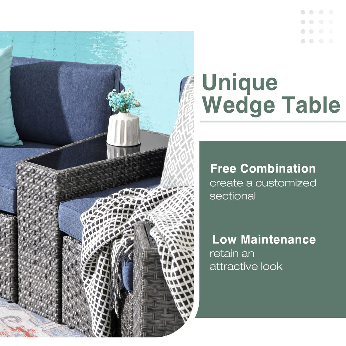 SUNSITT Outdoor Patio Furniture 11-Piece Half-Moon Sectional Round Patio Furniture Set Curved Outdoor Sofa with Tempered Glass Round Coffee Table, 4 Pillows, Grey Rattan & Denim Blue Cushion SUNSITT