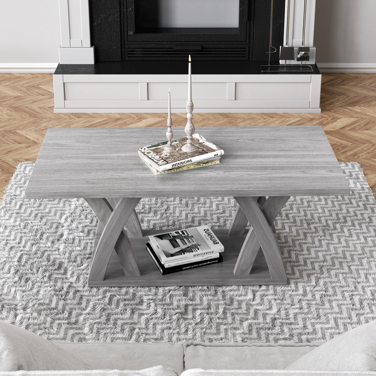 FROMJBEST Farmhouse Coffee Table with Shelf, Wood Coffee Table for Living Room, Open Display Area,47” Grey FROMJBEST