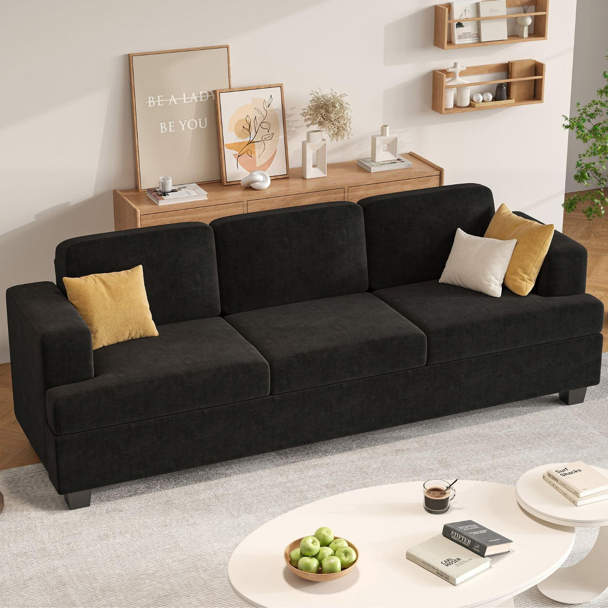 Apicizon 89" Black Couch, Comfy Couch Clound Couch 3 Seater Sofa for Living Room, Dark Grey Sofa Couch Modern Couches with Removerable Cover for Bedroom, Chenille Apicizon