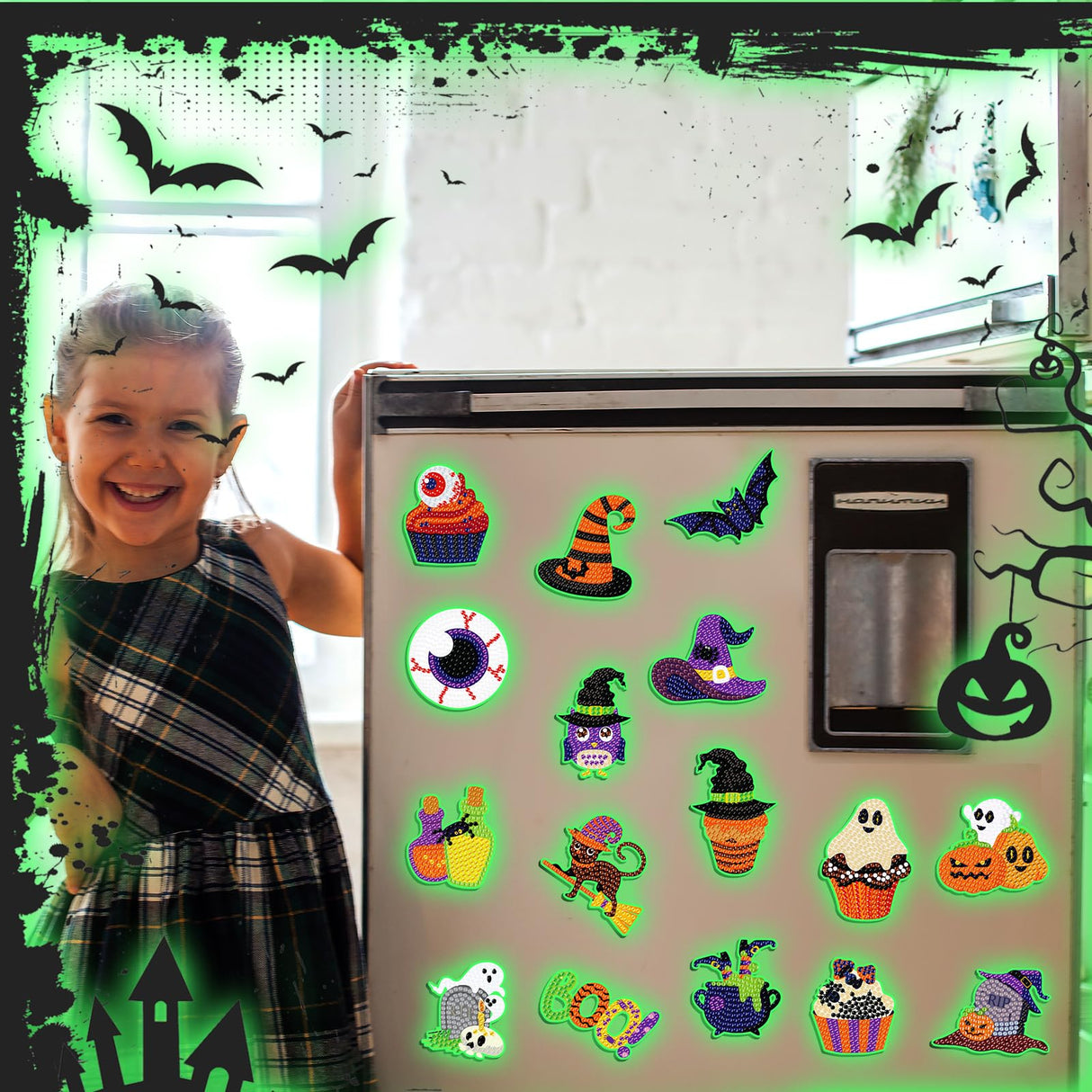 Motipuns 30 Pcs Luminous Halloween Diamond Painting Magnets Kits Glow in The Dark Diamond Art Fridge Magnet Refrigerator Sticker for Beginners Kid Adults Home Decors DIY Art Craft Gifts Motipuns