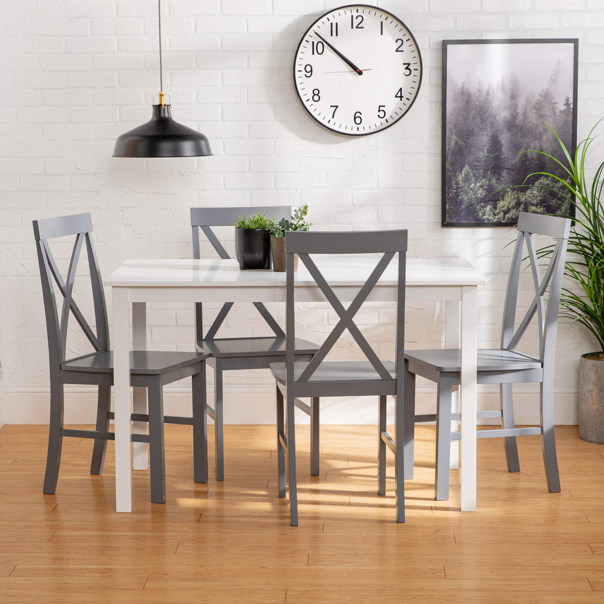 Walker Edison 4 Person Modern Farmhouse Wood Small Dining Table Dining Room Kitchen Table Set Dining 4 X Chairs Set, 48 Inch, White and Grey Walker Edison